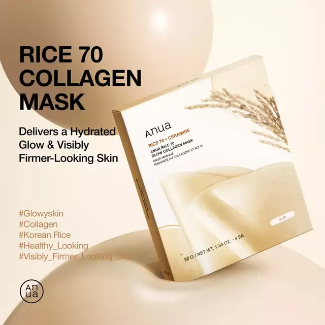 ANUA Rice 70 Glow Collagen Mask Mascarilla de Hidrogel "Glass Skin" con 70% Agua de Arroz + Ceramidas (4 pza)