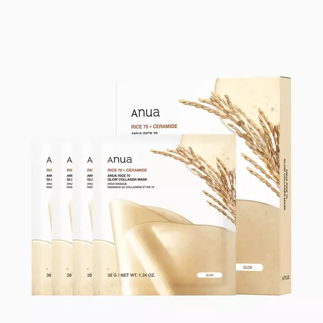 ANUA Rice 70 Glow Collagen Mask Mascarilla de Hidrogel "Glass Skin" con 70% Agua de Arroz + Ceramidas (4 pza)