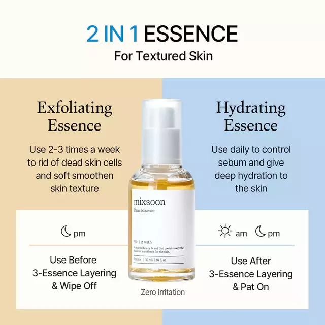 MIXSOON Bean Essence Esencia 2-en-1 Hidratante con Exfoliación Suave y Soya Fermentada